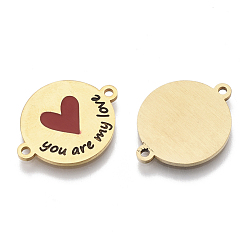 Golden 201 Stainless Steel Enamel Links connectors, for Valentine's Day, Flat Round with Heart and Word You Are My Love, Red, Golden, 16x21x1mm, Hole: 1.4mm
