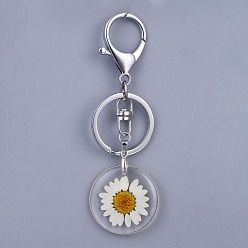 Clear Alloy Resin Dried Flower Keychain, with Platinum Tone Alloy Key Clasps and Iron Key Rings, Clear, 93mm