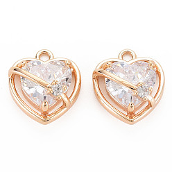 Clear Brass Micro Pave Cubic Zirconia Charms, Real 18K Gold Plated, Nickel Free, Heart, Clear, 13x11.5x7mm, Hole: 1.2mm