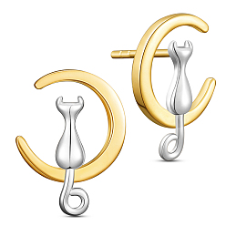 Platinum & Golden SHEGRACE Unique Design 925 Sterling Silver Stud Earrings, Half Hoop Earrings, with Kitten and Moon, Platinum & Golden, 18.14x13mm