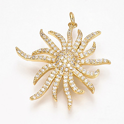 Oro Micro latón allanan colgantes cúbicos del zirconia, con anillos de salto, flor, dorado, 32x30x6 mm, agujero: 2.5 mm