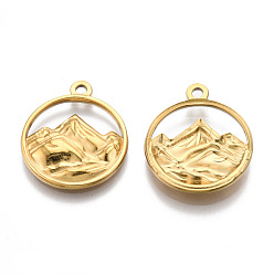 Real 18K Gold Plated 201 Stainless Steel Pendants, Flat Round with Mountain Charm, Real 18K Gold Plated, 24x20x3mm, Hole: 1.8mm