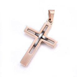 Rose Gold & Stainless Steel Color 304 Stainless Steel Pendants, Cross, Rose Gold & Stainless Steel Color, 45x29x4mm, Hole: 8x5mm