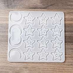 White Twelve Constellations Moon & Star Pendants Silicone Molds, Resin Casting Molds, for UV Resin, Epoxy Resin Jewelry Making, White, 190x174x7mm, Hole: 1.5mm, Inner Diameter: 11~44x39~45mm
