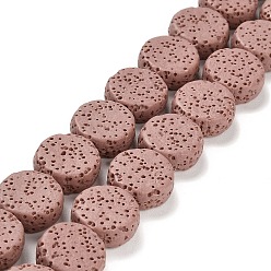 Rosy Brown Natural Lava Rock Beads Strands, Flat Round, Dyed, Rosy Brown, 14~14.5x6mm, Hole: 1.6mm, about 28pcs/strand, 15.75 inch(40cm)