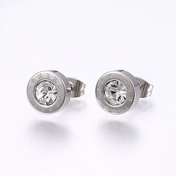 Crystal 304 Stainless Steel Stud Earrings, with Rhinestone, Flat Round with Roman Numerals, Crystal, 9x3.5mm, Pin: 0.8mm, 12pairs/card