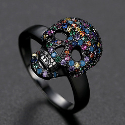 Colorful Cubic Zirconia Skull Finger Ring, Electrophoresis Black Plated Brass Gothic Punk Jewelry for Women, Colorful, US Size 7(17.3mm)