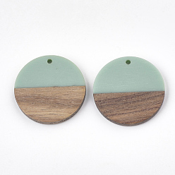 Turquoise Pendentifs en bois de résine et de noyer, plat rond, turquoise, 28.5x3.5~4mm, Trou: 1.5mm