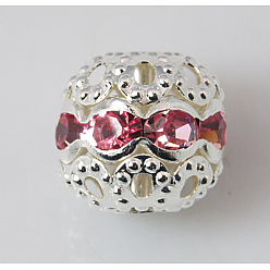 Pink Perles en laiton de strass, Grade a, ronde, couleur argent plaqué, rose, taille: environ 10mm de diamètre, Trou: 1.2mm