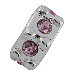 Pink Alloy Rhinestone European Beads, Large Hole Beads, Hexagon, Platinum, Pink, 5.5x10.5mm, Hole: 4.5mm