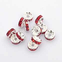 Red Brass Rhinestone Spacer Beads, Grade A, Silver Color Plated, Rondelle, Red, Size: about 8mm in diameter, 3.5mm thick, hole: 2mm