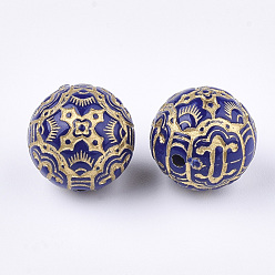 Dark Blue Plating Acrylic Beads, Metal Enlaced, Round, Golden Plated, Dark Blue, 14mm, Hole: 1mm,  about 307pcs/500g.