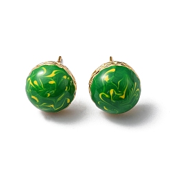 Green Enamel Half Round Stud Earrings, Real 18K Gold Plated Brass Jewelry, Cadmium Free & Lead Free, Green, 10.5x6mm