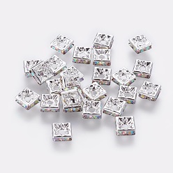 Crystal AB Brass Rhinestone Spacer Beads, Grade A, Nickel Free, Silver Metal Color, Square, Crystal AB, 6x6x3mm, Hole: 1mm