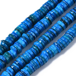 Dodger Blue Natural Freshwater Shell Beads Strands, Dyed, Flat Round/Disc, Heishi Beads, Dodger Blue, 5~6x1~2mm, Hole: 1mm, about 205~215pcs/strand, 15.35 inch(39cm)