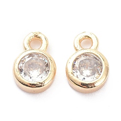 Real 14K Gold Plated Brass Micro Pave Clear Cubic Zirconia Charms Pendants, Long-Lasting Plated, Flat Round, Real 14K Gold Plated, 8x5x2mm, Hole: 1.2mm