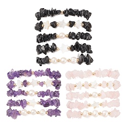 Mixed Stone 5Pcs 5 Style Natural Mixed Gemstone Chips Stretch Bracelets Set, Natural Shell Star Stackable Bracelets, Inner Diameter: 2-1/8 inch(5.3cm), 1Pc/style