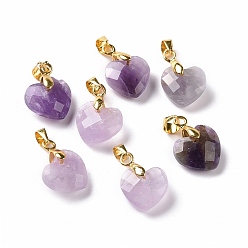 Amethyst Natural Amethyst Pendants, with Golden Tone Brass Clasp, Faceted Heart Charms, 11x12x5mm, Hole: 4.5x3.5mm
