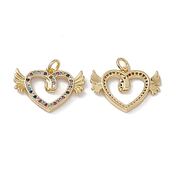Real 18K Gold Plated Brass Colorful Cubic Zirconia Pendants, with Jump Ring, Heart with Wings Charms, Real 18K Gold Plated, 16x22.5x2.5mm, Hole: 3mm