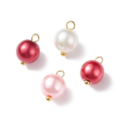 Red Glass Pearl Pendants, with Golden Plated Brass Findings, Round, Red, 11x8.5mm, Hole: 2mm