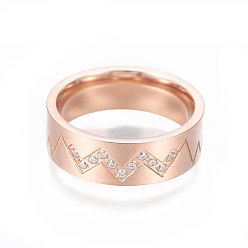 Rose Gold 304 Stainless Steel Finger Rings, with Cubic Zirconia, Wide Band Rings, Rose Gold, Size 6~9, 16~19mm