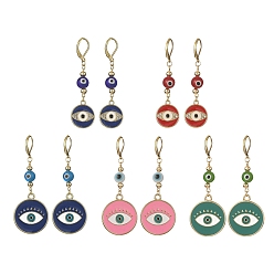 Mixed Color Alloy Enamel Flat Round Dangle Leverback Earrings with Brass Pins, Lampwork Evil Eye Drop Earrings for Women, Mixed Color, 57~68x15.5~24.5mm