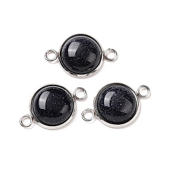 Blue Goldstone Synthetic Blue Goldstone Connector Charms, Half Round Links, with Stainless Steel Color Tone 304 Stainless Steel Findings, 14x22x5.5mm, Hole: 2mm