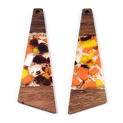 Coral Transparent Resin & Walnut Wood Big Pendants, with Gold Foil, Trapezoid Charms, Coral, 57.5x19.5x3mm, Hole: 2mm