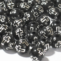 Black Plating Acrylic Beads, Round with Cross, Black, 8mm, 1800pcs/bag