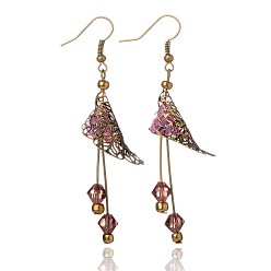 Purple Acrylic Pendant Earrings, with Brass Filigree Flower Bead Caps, Glass Beads and Iron Earring Hooks, Lovely Wedding Dress Angel Dangle, Antique Bronze, Purple, 50mm, Pin: 0.8mm