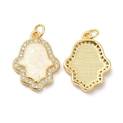 Real 18K Gold Plated Rack Plating Brass Micro Pave Clear Cubic Zirconia Pendants, with Resin Imitation Opal, Cadmium Free & Lead Free, Long-Lasting Plated, Hamsa Hand/Hand of Miriam Charms, Real 18K Gold Plated, 20.5x15.5x3.5mm, Hole: 3.4mm