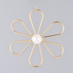 Golden Natural Cultured Freshwater Pearl Pendants, with Alloy Findings, Flower, Golden, 58x51x9.5mm, Hole: 1.8mm