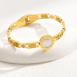 Blanc Bracelet rond plat en coquillage naturel, bracelet en acier inoxydable plaqué or véritable, blanc, diamètre intérieur: 18 pouce (2-3/8~2-3/4 cm)
