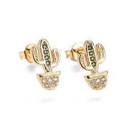Colorful Brass Micro Pave Cubic Zirconia Stud Earrings, Cactus, Golden, Colorful, 11.8x6.5x2mm, Pin: 0.7mm