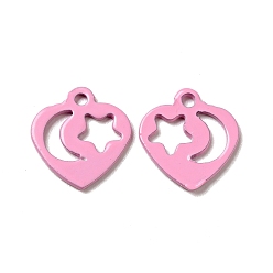 Pearl Pink Spray Painted 201 Stainless Steel Charms, Heart with Star & Moon Pattern, Pearl Pink, 12x11.5x1mm, Hole: 1.4mm
