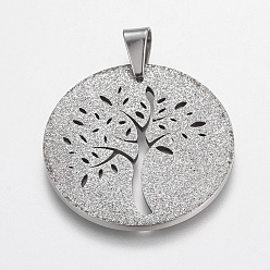 Stainless Steel Color Trendy Flat Round with Tree Necklace Findings 304 Stainless Steel Textured Pendants, Stainless Steel Color, 35x36x2mm, Hole: 8x6mm