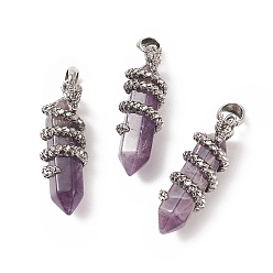 Amethyst Natural Amethyst Double Terminal Pointed Pendants, Faceted Bullet Charms with Antique Silver Tone Alloy Dragon Wrapped, 47x14.5x15mm, Hole: 7.5x6.5mm
