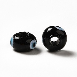 Black Handmade Evil Eye Lampwork Beads, Rondelle, Black, 13~14.5x13.5~15x8~9mm, Hole: 4.5mm