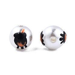 Black Halloween Opaque ABS Plastic Imitation Pearl Enamel Beads, Round with Witch Cauldron Kettle, Black, 11.5~12mm, Hole: 2mm