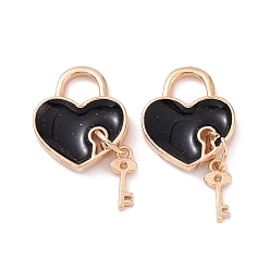 Black Alloy Enamel Pendants, Light Gold, Heart Lock with Key, Black, 18x15x3mm, Hole: 5.5x5.5mm