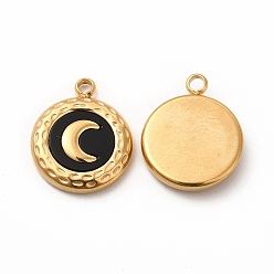 Golden Vacuum Plating 304 Stainless Steel Pendants, with Acrylic, Flat Round with Moon, Golden, 16x13x3mm, Hole: 1.6mm