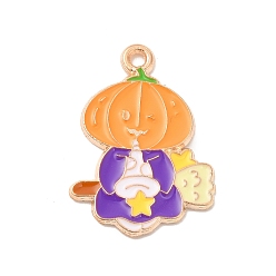Pumpkin Halloween Theme Alloy Enamel Pendants, Light Gold, Pumpkin Pattern, 25x18x1mm, Hole: 1.6mm