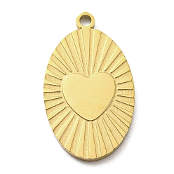 Real 18K Gold Plated Ion Plating(IP) 316L Surgical Stainless Steel Pendants, Textured, Oval with Heart Charm, Real 18K Gold Plated, 20x12x1.5mm, Hole: 1.5mm