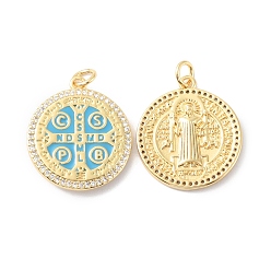 Deep Sky Blue Rack Plating Brass Pendants, with Enamel, Long-Lasting Plated, Real 18K Gold Plated, Cadmium Free & Lead Free, Flat Round, Cross with Cssml Ndsmd Cross God Father Religious Christianity, Deep Sky Blue, 22.5x20x2mm, Hole: 3mm