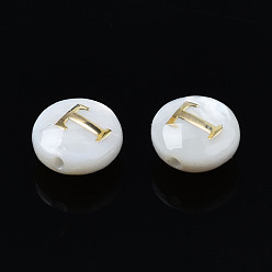 Letter T Natural Freshwater Shell Beads, with Golden Plated Brass Etched Metal Embellishments, Flat Round with Letter, Seashell Color, Letter.T, 6x4mm, Hole: 0.8mm