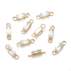 Real 18K Gold Plated Brass Clear Cubic Zirconia Links Connectors, Long-Lasting Plated, Rectangle, Real 18K Gold Plated, 15x4x3mm, Hole: 2.5mm
