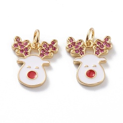 Real 18K Gold Plated Brass Micro Pave Cerise Cubic Zirconia Pendants, with White Enamel & Jump Rings, Long-Lasting Plated, For Christmas, Reindeer/Stag, Real 18K Gold Plated, 15x13x1.5mm, Hole: 3mm, Jump Ring: 5x1mm