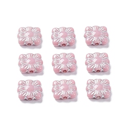 Flamingo Opaque Acrylic Beads, Metal Enlaced, Square with Flower Pattern, Flamingo, 9.5~10x10.5~11x3.5mm, Hole: 1.6mm, about 1990pcs/500g