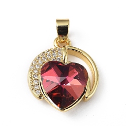 Dark Red Real 18K Gold Plated Rack Plating Brass Micro Pave Clear Cubic Zirconia Pendants, with Glass, Long-Lasting Plated, Cadmium Free & Lead Free, Heart Charm, Dark Red, 21x17.5x8mm, Hole: 5x3mm