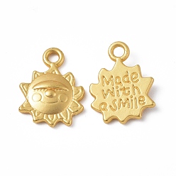 Matte Gold Color Rack Plating Alloy Pendants, Cadmium Free & Lead Free & Nickle Free, Sun with Word Made with a Smile Charms, Matte Gold Color, 15.5x12x2.5mm, Hole: 1.8mm